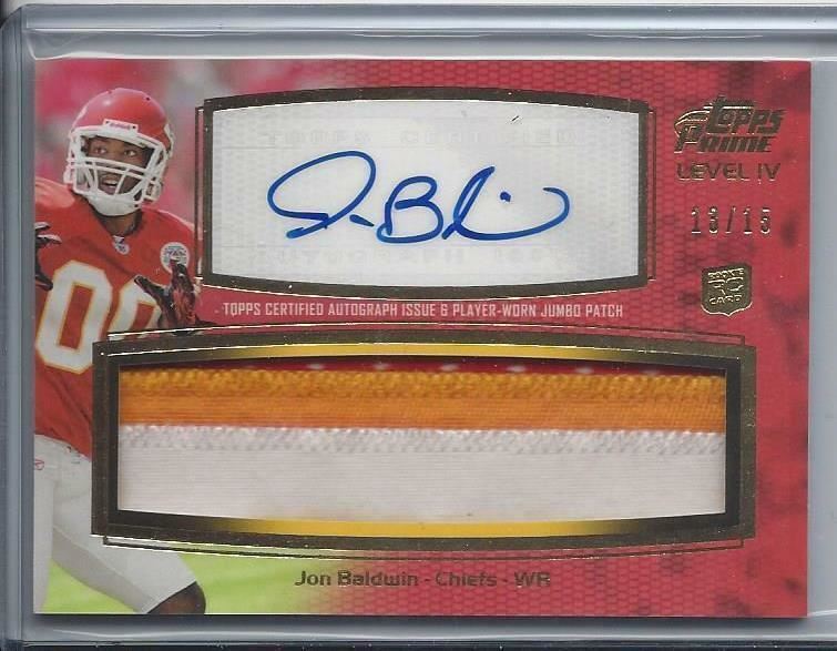 JON BALDWIN 2011 TOPPS PRIME LEVEL 4 JUMBO 3 COLOR PATCH AUTO RC #D /15