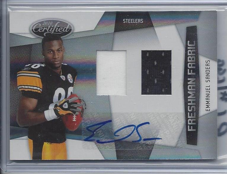 EMMANUEL SANDERS 2010 CERTIFIED FRESHMAN FABRIC DUAL JERSEY AUTO RC #D 155/699