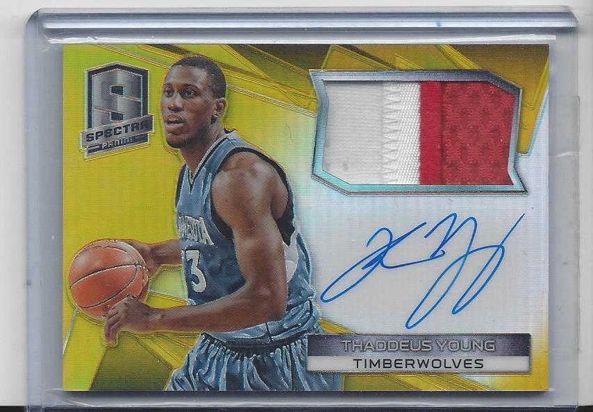 THADDEUS YOUNG 2014-15 SPECTRA GOLD PRIZM REFRACTOR 2 COLOR PATCH AUTO #D 1/10