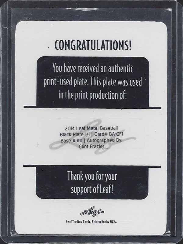 CLINT FRAZIER 2014 LEAF METAL DRAFT BLACK PRINTING PLATE PROSPECT AUTO #D 1/1