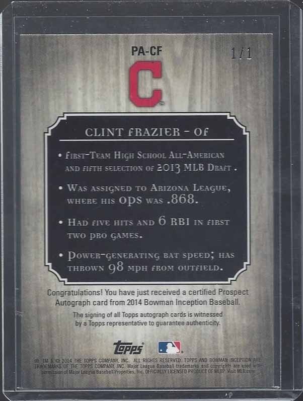 CLINT FRAZIER 2014 BOWMAN INCEPTION YELLOW PRINTING PLATE ON CARD AUTO #D 1/1