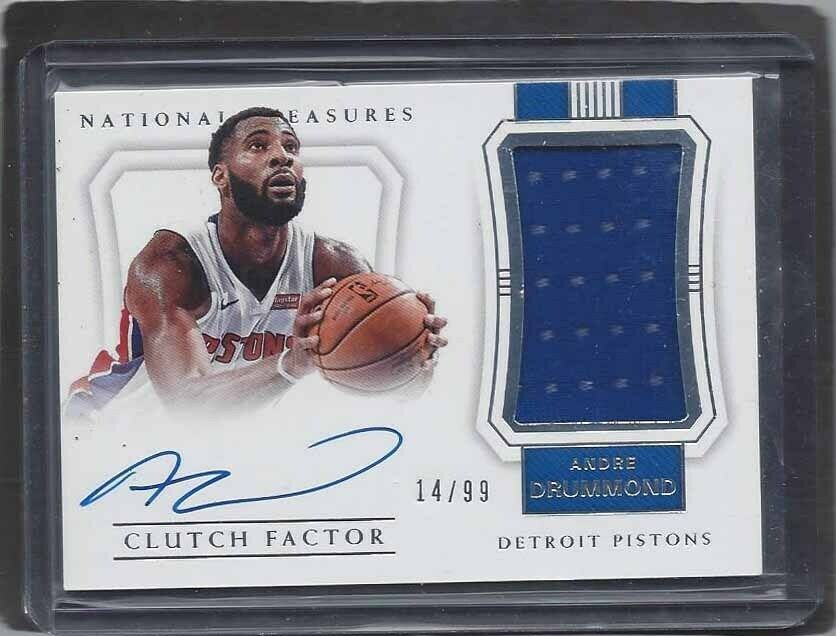 ANDRE DRUMMOND 2017-18 NATIONAL TREASURES CLUTCH FACTOR JERSEY ON CARD AUTO /99