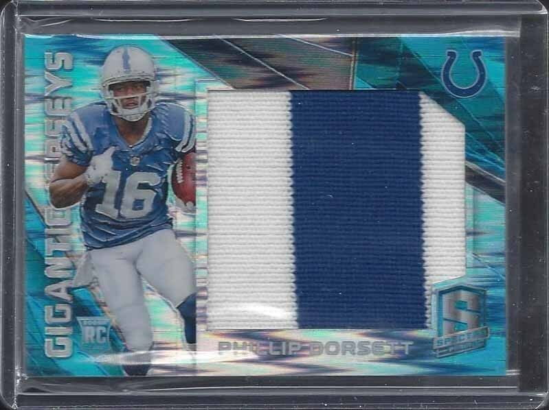 PHILLIP DORSETT 2015 SPECTRA NEON BLUE PRIZM GIGANTIC JUMBO COLTS PATCH RC /50
