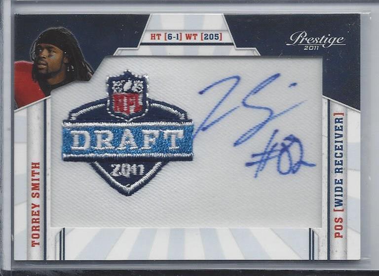 TORREY SMITH 2011 PRESTIGE NFL DRAFT PATCH RAVENS ON CARD AUTO RC #39