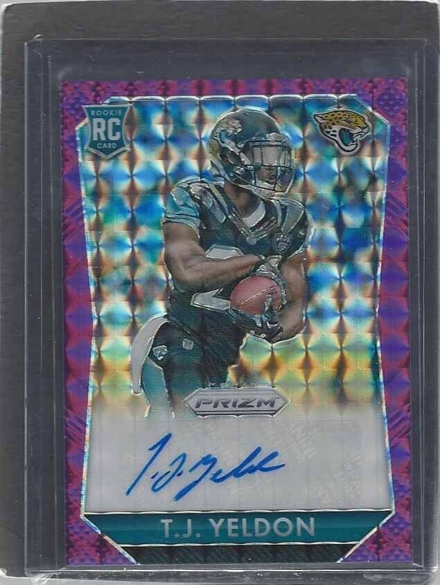 T.J. YELDON 2015 PANINI PRIZM PURPLE MOISAIC PRIZMS ROOKIE AUTO RC #D /35