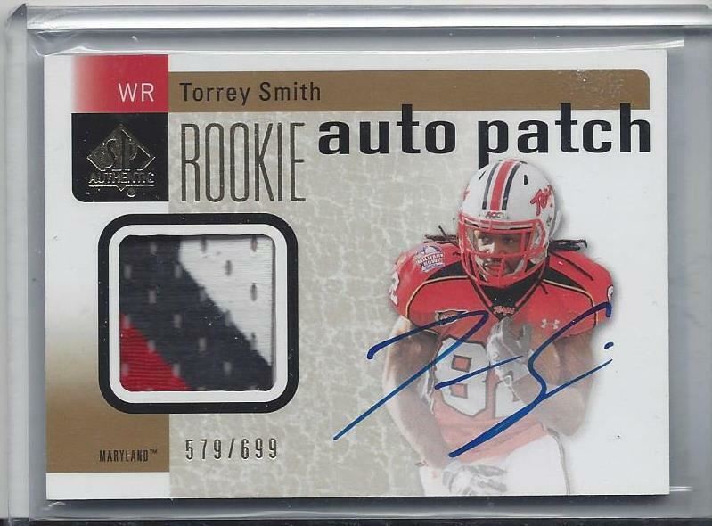 TORREY SMITH 2011 SP AUTHENTIC RPA 3 COLOR MARYLAND PATCH ON CARD AUTO RC /699