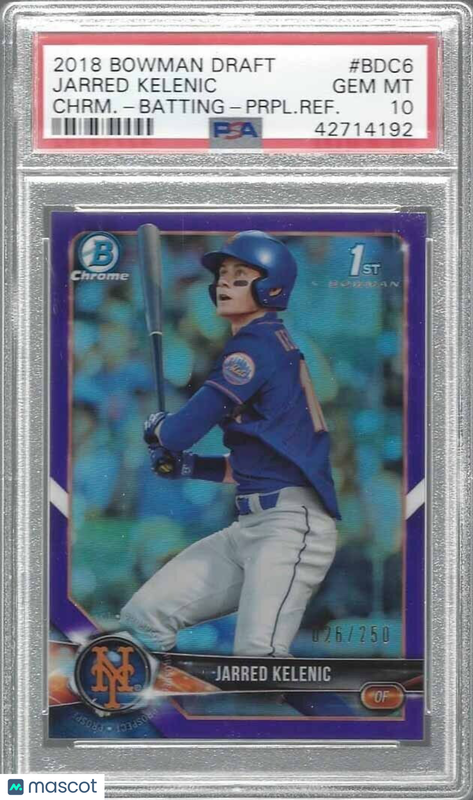 JARRED KELENIC 2018 BOWMAN CHROME 1ST PROSPECT PURPLE REFRACTOR #D 26/250 PSA 10