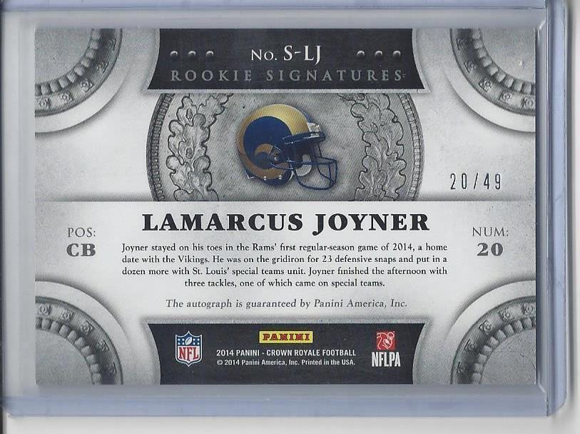 1/1 LAMARCUS JOYNER 2014 CROWN ROYALE GOLD AUTO RC #D 20/49 ( HIS JERSEY #20!! )