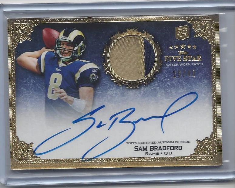 SAM BRADFORD 2010 TOPPS 5 FIVE STAR GOLD RPA 2 COLOR PATCH AUTO RC #D 19/40