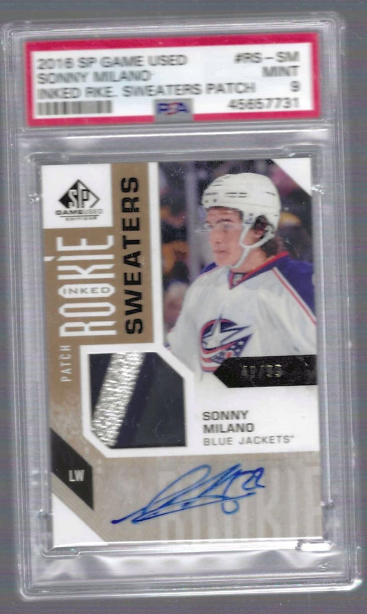 SONNY MILANO 2016-17 SP GAME USED ROOKIE SWEATER PATCH AUTO RC /99 PSA 9 POP 1/1