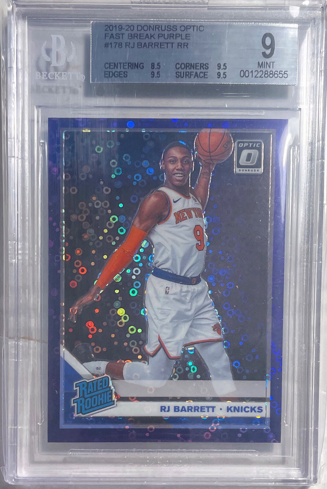 RJ BARRETT 2019 DONRUSS OPTIC FAST BREAK PURPLE PRIZM RC #D /95 BGS 9 MINT POP 3