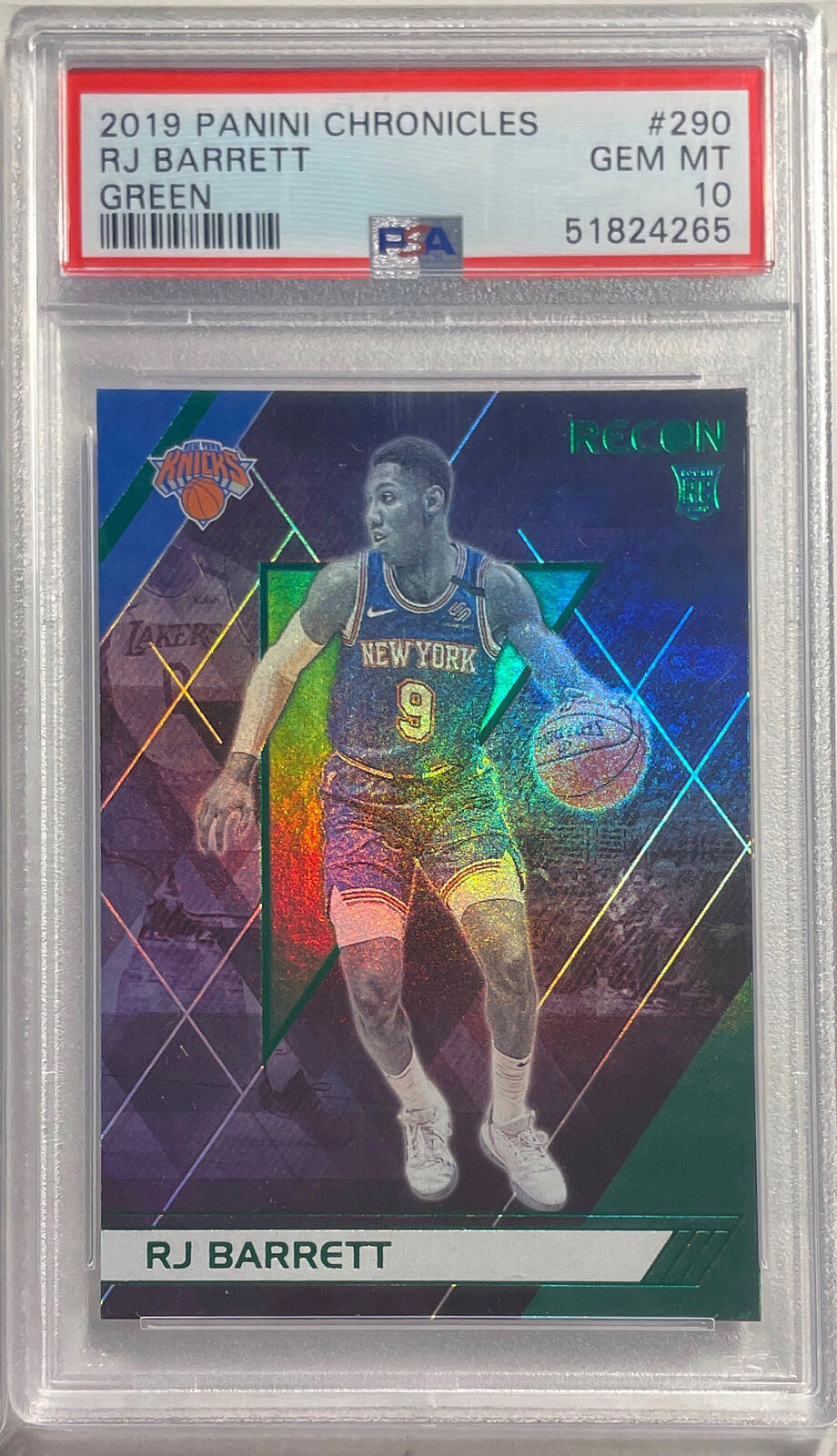 RJ BARRETT 2019 PANINI CHRONICLES RECON GREEN ROOKIE RC #290 PSA 10 GEM POP 36