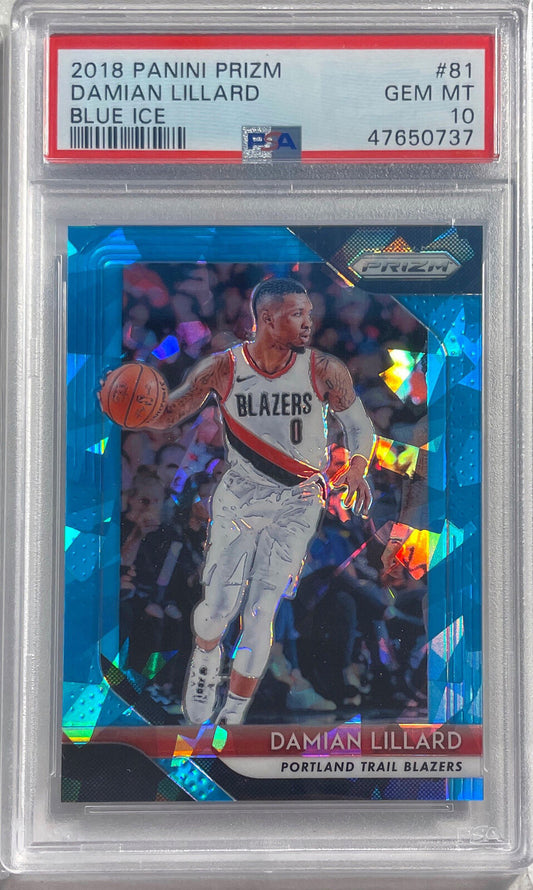 DAMIAN LILLARD 2018 PANINI PRIZM BLUE ICE PRIZM #D 19/99 PSA 10 GEM MINT POP 3