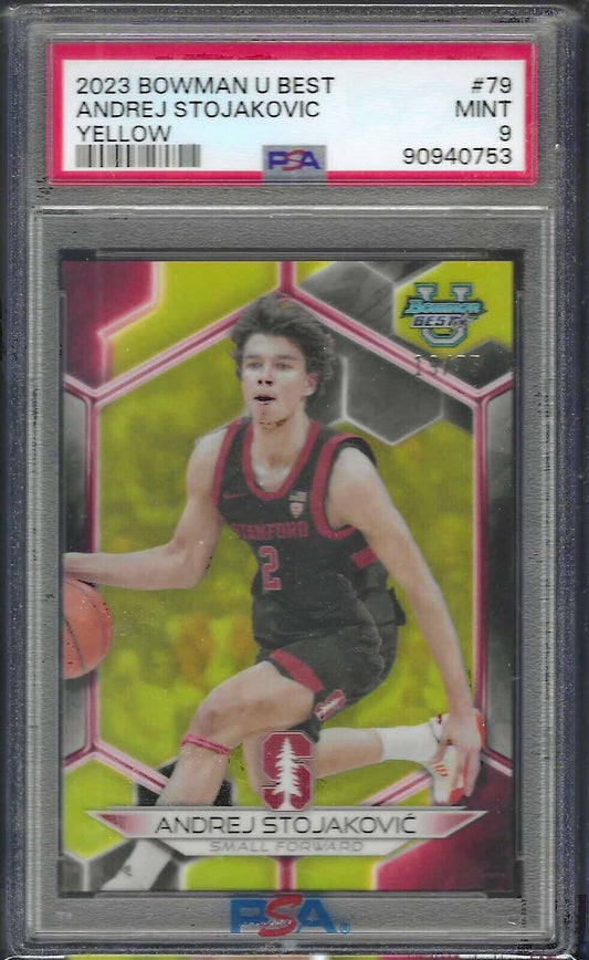 ANDREJ STOJAKOVIC 2023 BOWMAN U BEST YELLOW REFRACTOR /75 PSA 9 MINT POP 1/1