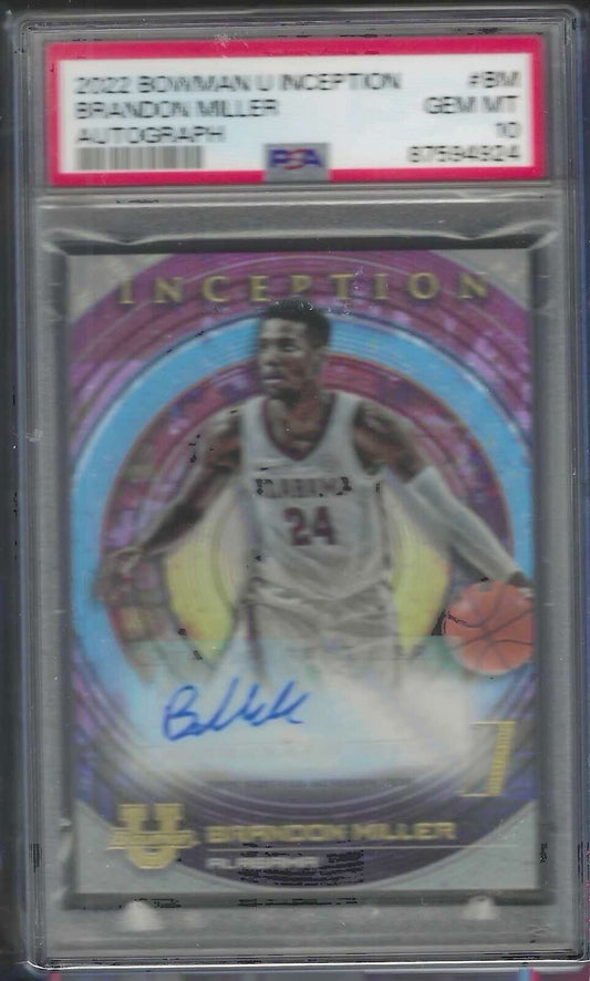 BRANDON MILLER 2022 BOWMAN U INCEPTION PROSPECT AUTO 1ST #BIA-BM PSA 10 GEM MINT