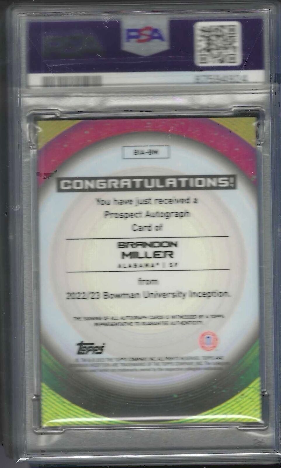 BRANDON MILLER 2022 BOWMAN U INCEPTION PROSPECT AUTO 1ST #BIA-BM PSA 10 GEM MINT