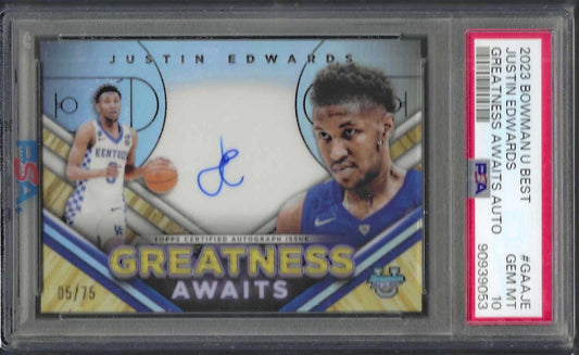 JUSTIN EDWARDS 2023 BOWMAN U BEST GREATNESS AWAITS AUTO /75 PSA 10 GEM POP 1/1