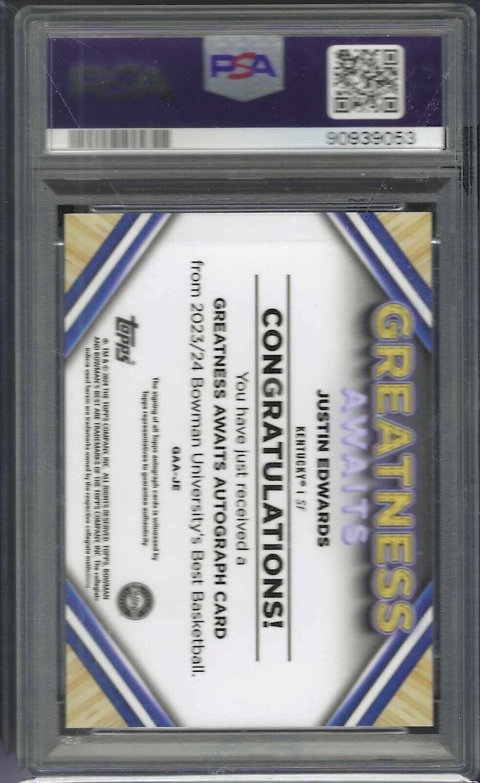 JUSTIN EDWARDS 2023 BOWMAN U BEST GREATNESS AWAITS AUTO /75 PSA 10 GEM POP 1/1