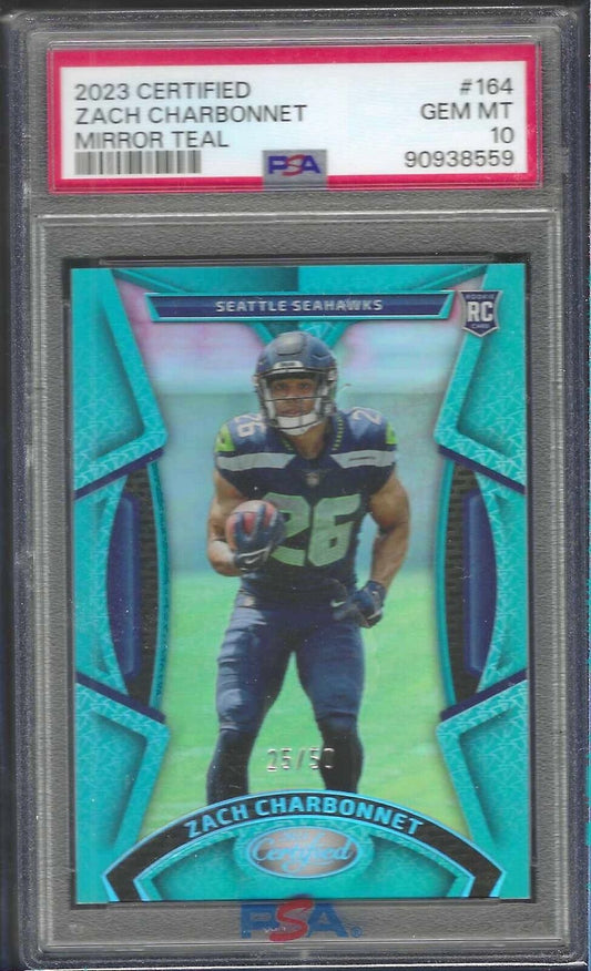 ZACH CHARBONNET 2023 PANINI CERTIFIED MIRROR TEAL RC /50 PSA 10 GEM MINT POP 2