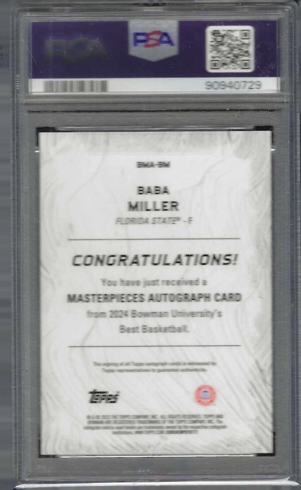 BABA MILLER 2023 BOWMAN U BEST MASTERPIECES GOLD AUTO /50 PSA 10 GEM POP 1/1