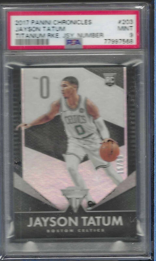 JAYSON TATUM 2017 PANINI CHRONICLES TITANUM JERSEY NUMBER RC #D 15/99 PSA 9 MINT