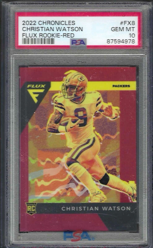CHRISTIAN WATSON 2022 PANINI CHRONICLES FLUX RED PRIZM RC /99 PSA 10 GEM POP 4