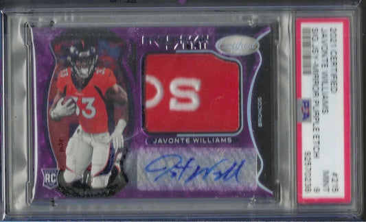 JAVONTE WILLIAMS 2021 CERTIFIED PURPLE MIRROR PATCH AUTO RC /7 PSA 9 POP 1/1