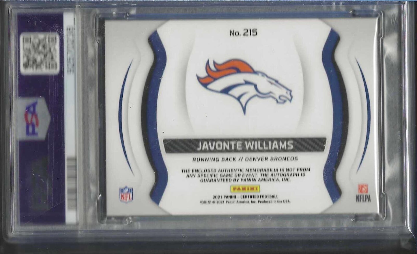 JAVONTE WILLIAMS 2021 CERTIFIED PURPLE MIRROR PATCH AUTO RC /7 PSA 9 POP 1/1