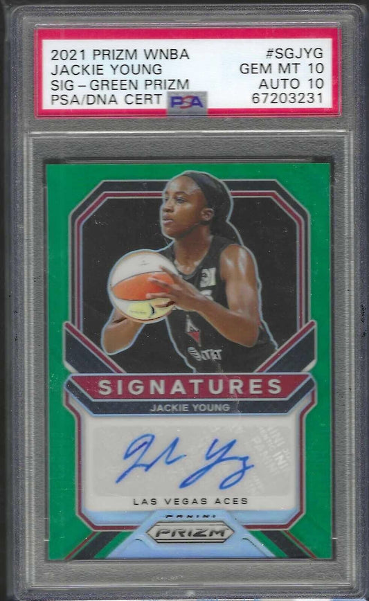 JACKIE YOUNG 2021 PANINI PRIZM WNBA GREEN PRIZM AUTO PSA 10 GEM w/ 10 AU POP 1/1