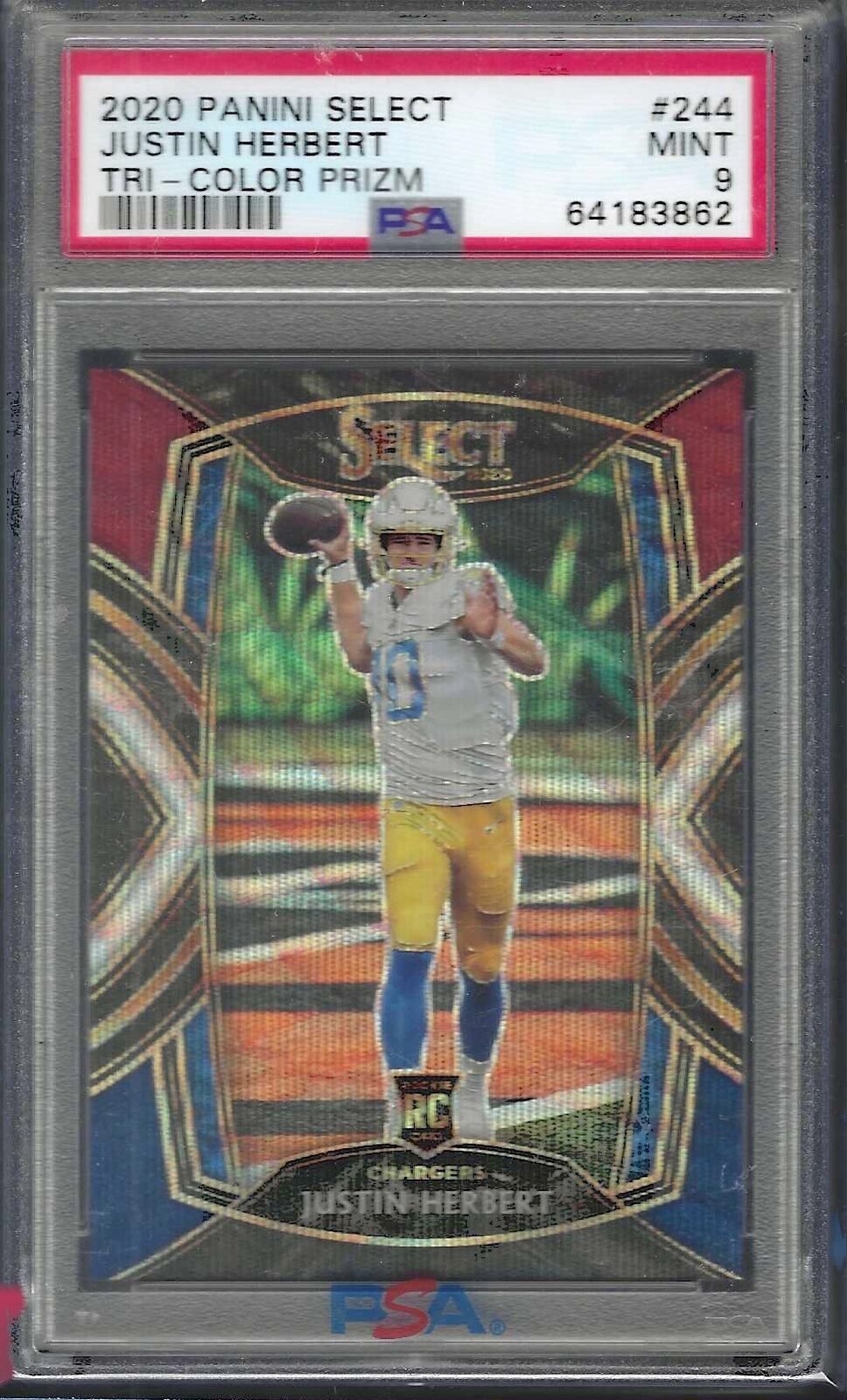 JUSTIN HERBERT 2020 PANINI SELECT TRI-COLOR CLUB LEVEL PRIZM RC /99 PSA 9 MINT