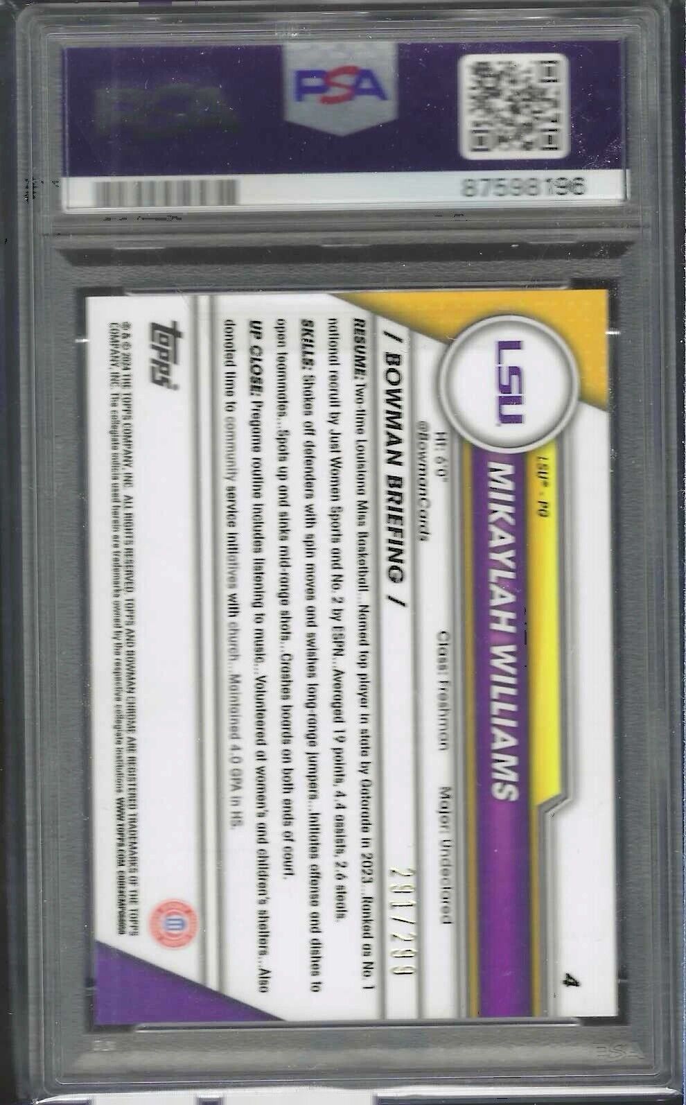 MIKAYLAH WILLIAMS 2023 BOWMAN U CHROME AQUA REFRACTOR 1ST /299 PSA 10 GEM POP 2