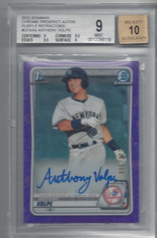 ANTHONY VOLPE 2020 BOWMAN CHROME 1ST PURPLE REFRACTOR AUTO /250 BGS 9 w/ 10 AUTO
