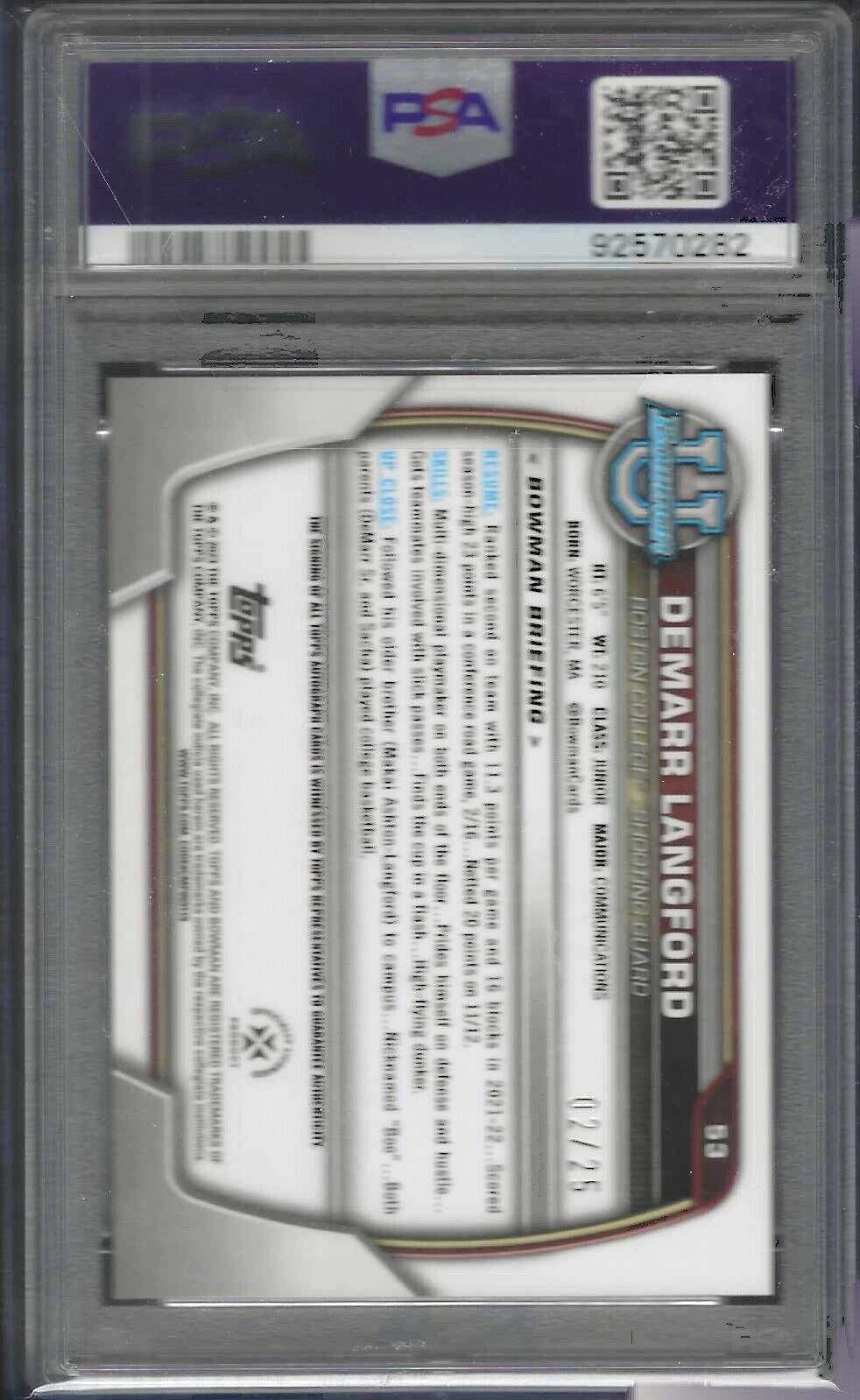 DEMARR LANGFORD 2022 BOWMAN U ORANGE SHIMMER REFRACTOR AUTO /25 PSA 10 GEM POP 1