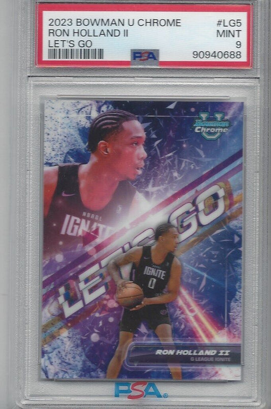 RON HOLLAND II 2023 BOWMAN CHROME UNIVERSITY LET'S GO PRODUCT HIT SSP #5 PSA 9