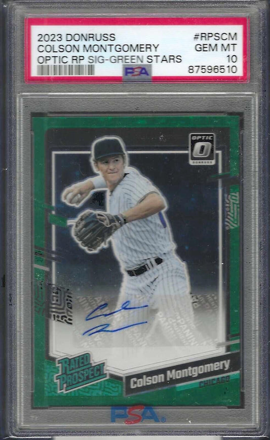 COLSON MONTGOMERY 2023 DONRUSS OPTIC GREEN STARS PROSPECT AUTO /15 PSA 10 POP 1