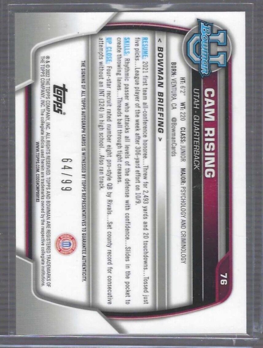 CAM RISING 2022 BOWMAN CHROME UNIVERSITY GREEN REFRACTOR 1ST AUTO #D 64/99