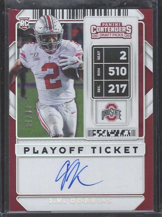 JK DOBBINS 2020 PANINI CONTENDERS DP PLAYOFF TICKET ON CARD AUTO RC #D 08/18