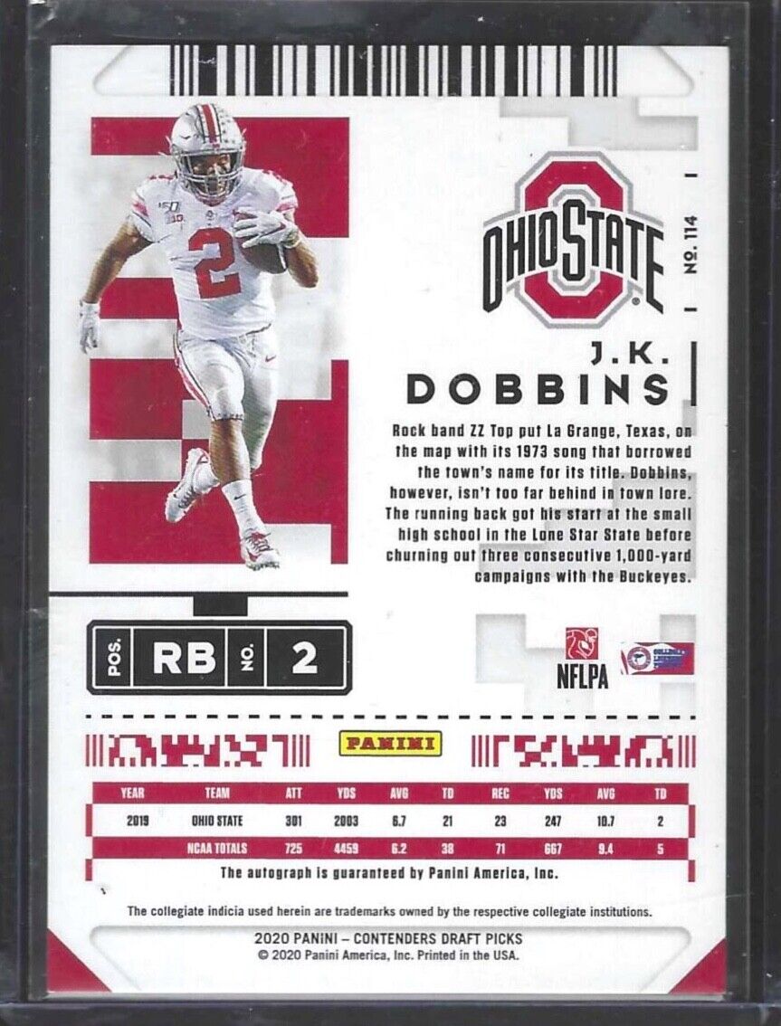 JK DOBBINS 2020 PANINI CONTENDERS DP PLAYOFF TICKET ON CARD AUTO RC #D 08/18