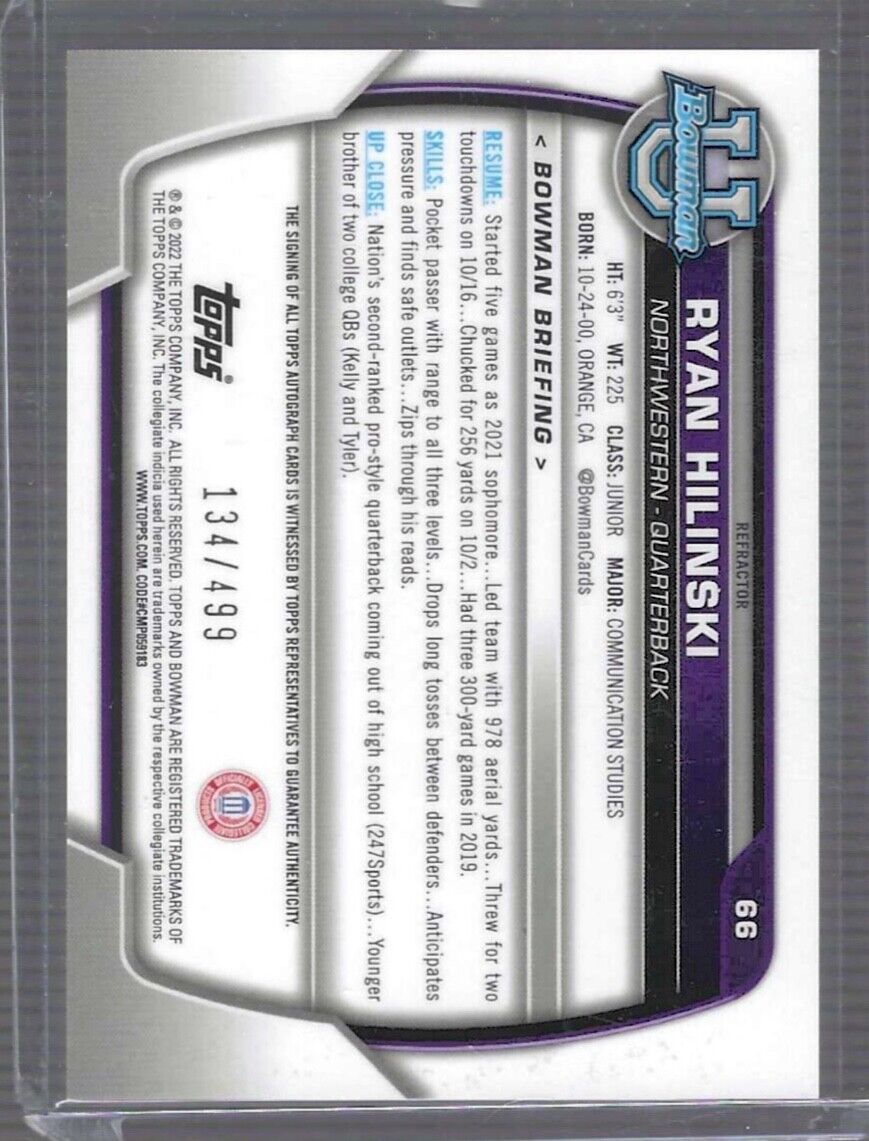 RYAN HILINSKI 2022 BOWMAN UNIVERSITY CHROME REFRACTOR 1ST AUTO #D 134/499