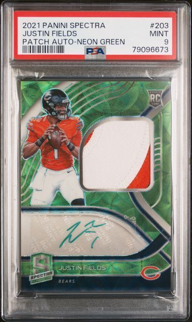 JUSTIN FIELDS 2021 PANINI SPECTRA RPA PATCH AUTO NEON GREEN PRIZM RC /35 PSA 9