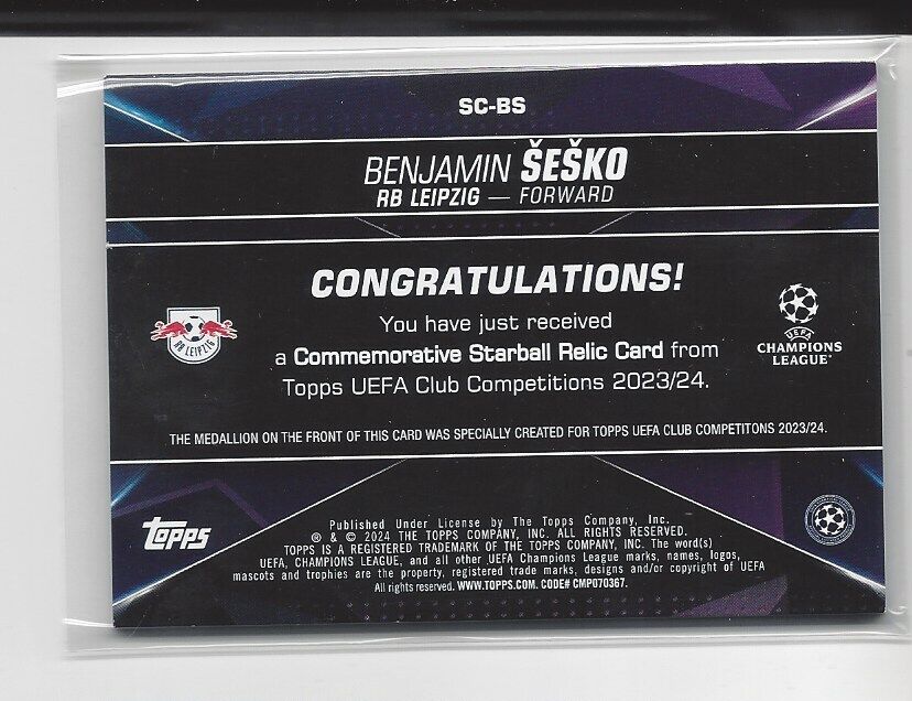 BENJAMIN SESKO 2023-24 TOPPS CLUB COMPETITIONS UCL STARBALL RELIC PATCH