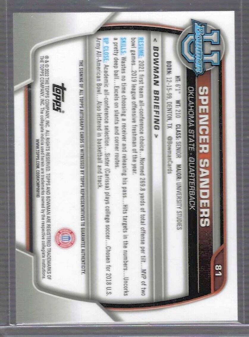 SPENCER SANDERS 2022 BOWMAN UNIVERSITY CHROME 1ST PROSPECT AUTO #81