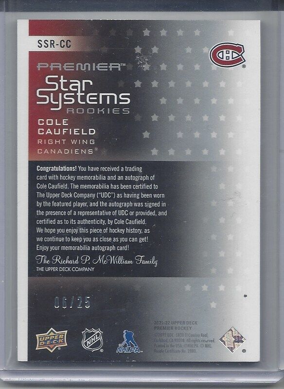 COLE CAUFIELD 2021-22 UPPER DECK PREMIER STAR SYSTEMS RPA PATCH AUTO RC #D 6/25