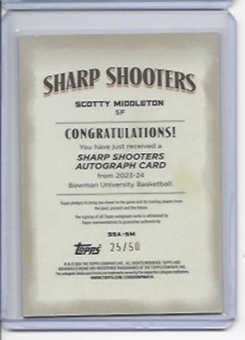 SCOTTY MIDDLETON 2023-24 BOWMAN CHROME UNIVERSITY SHARP SHOOTERS ONCARD AUTO /50