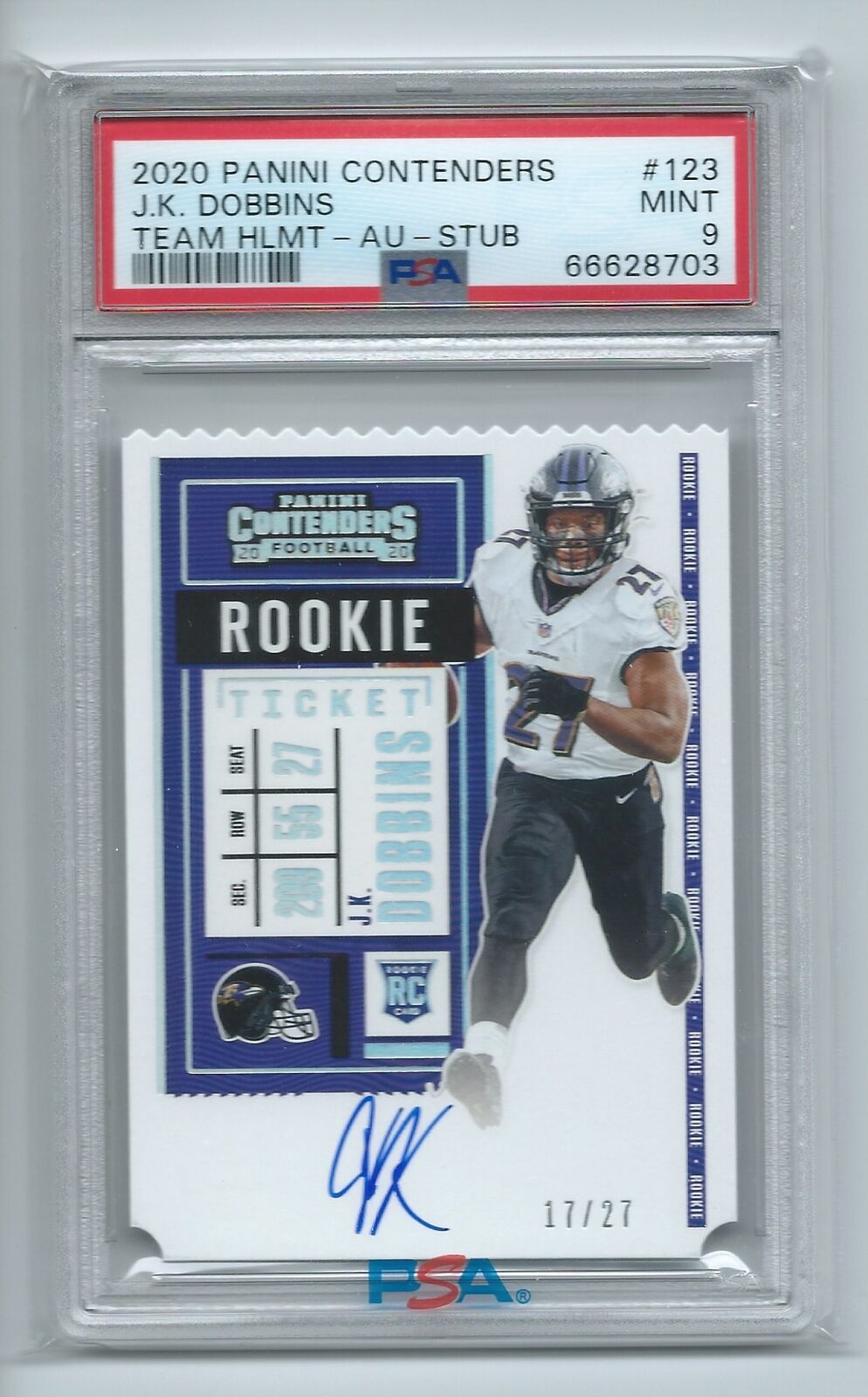 JK DOBBINS 2020 CONTENDERS ROOKIE TICKET STUB DIE CUT AUTO RC /27 PSA 9 POP 1/1