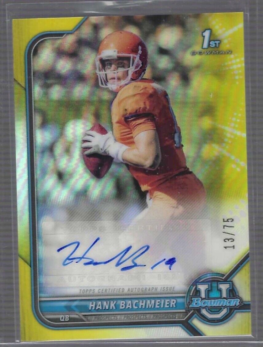 HANK BACHMEIER 2021 BOWMAN CHROME UNIVERSITY YELLOW REFRACTOR 1ST AUTO #D 13/75