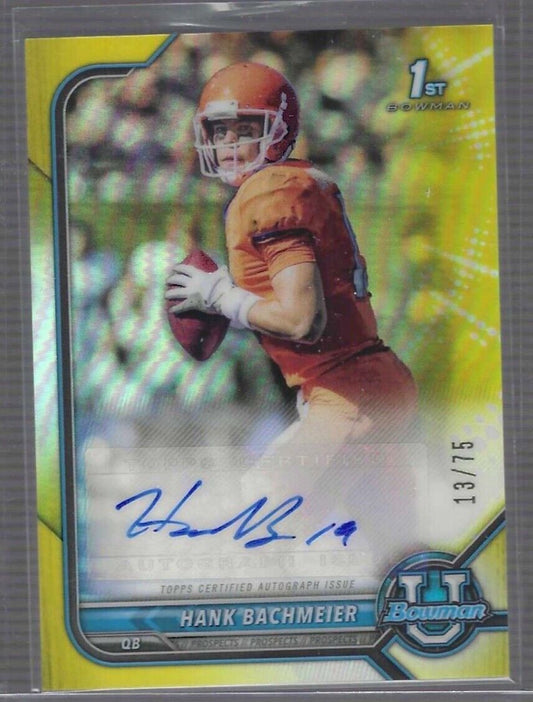 HANK BACHMEIER 2021 BOWMAN CHROME UNIVERSITY YELLOW REFRACTOR 1ST AUTO #D 13/75