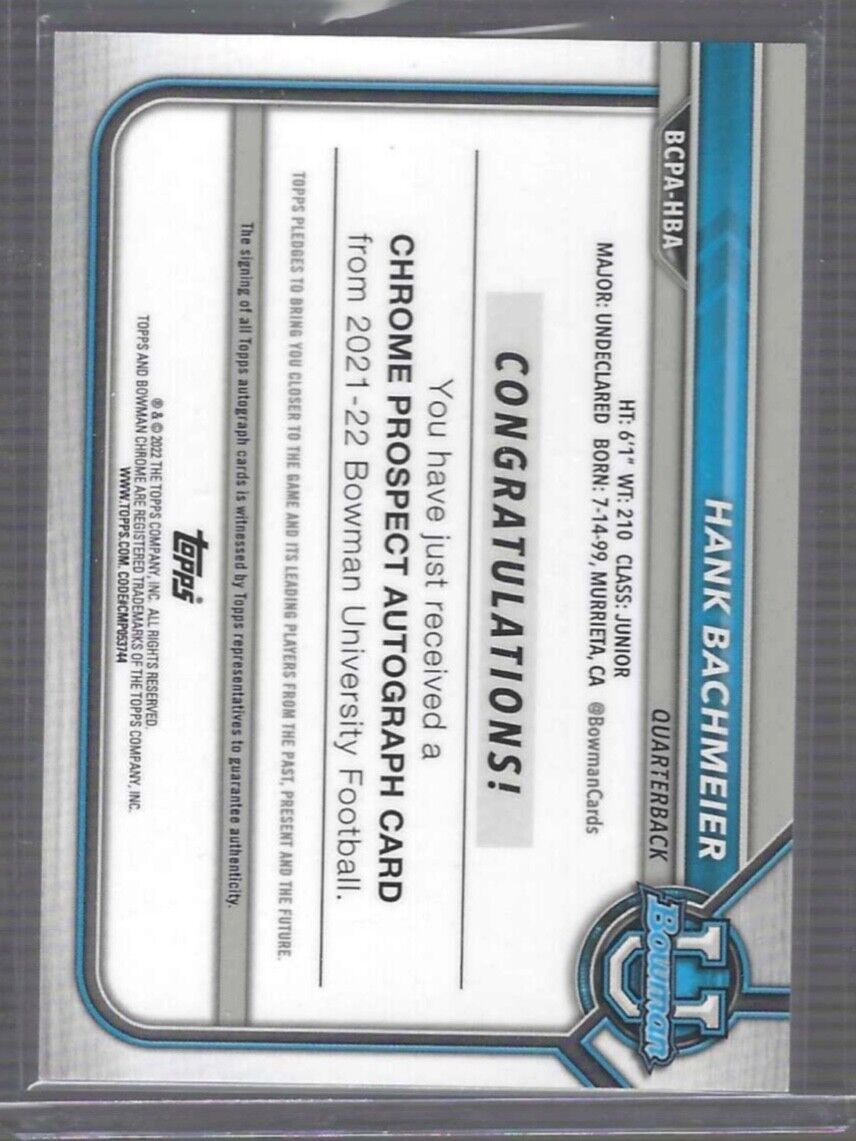 HANK BACHMEIER 2021 BOWMAN CHROME UNIVERSITY YELLOW REFRACTOR 1ST AUTO #D 13/75