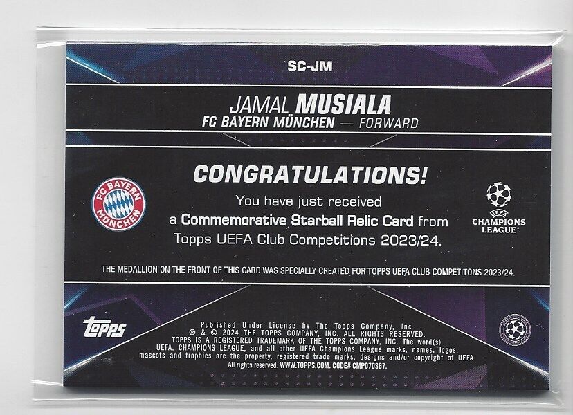 JAMAL MUSIALA 2023-24 TOPPS CLUB COMPETITIONS UCL STARBALL RELIC PATCH