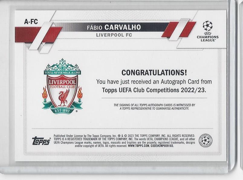 FABIO CARVALHO 2022-23 TOPPS CLUB COMPETITIONS SILVER FOIL LIVERPOOL AUTO RC